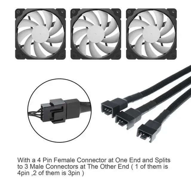 Alt view image 5 of 5 - FITE ON 4Pin 1 to 3 Ways PWM Fan Splitter Cable Black Sleeved Fan Power Extension Cable 4Pin Female to 3X 4Pin Male 27cm/10.5 inches