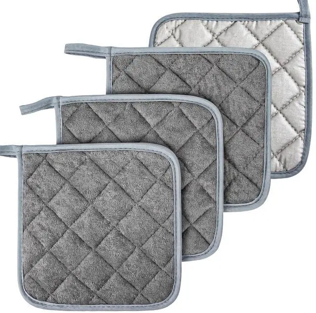 Main image of MAQIHAN Pot Holders for Kitchen - 4 PCS Cotton Hot Pads for Kitchen Gray | Cotton Potholders Set, Heat Resistant Terry Cloth 7 Inch, Oven Pads, Cooking, Baking Pans, Dining Table & Countertops