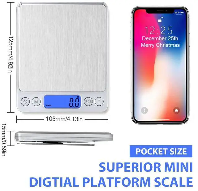 Alt view image 4 of 7 - Digital Food Kitchen Scale, 3000g/0.1g High Accuracy Mini Pocket Scale Measures in Grams and oz for Cooking, Baking, Jewelry, Tare Function,2 Trays, LCD Display (Batteries Included)