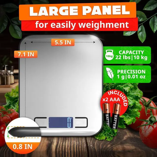Alt view image 2 of 7 - Food Scale with 4-Point Sensor - Kitchen Scales Digital Weight Grams and Ounces, kg, lb, ml, Milk ml with LCD Display, 22lb Load, 0.05oz Increments, Tare & Auto-Off Feature - for Cooking and Backing