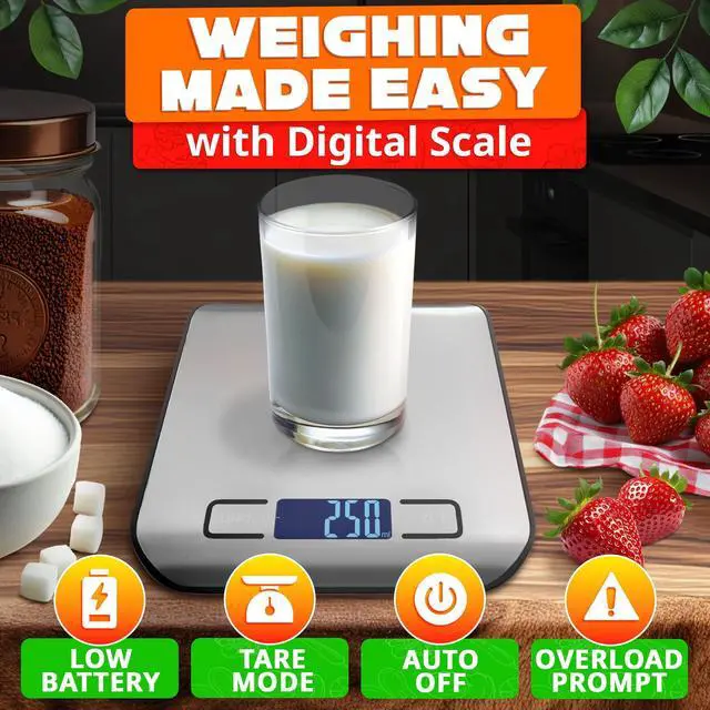 Alt view image 3 of 7 - Food Scale with 4-Point Sensor - Kitchen Scales Digital Weight Grams and Ounces, kg, lb, ml, Milk ml with LCD Display, 22lb Load, 0.05oz Increments, Tare & Auto-Off Feature - for Cooking and Backing