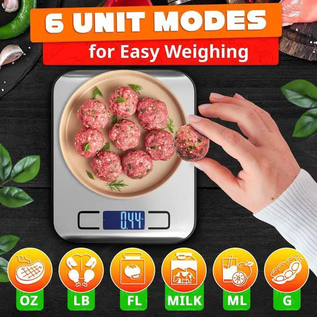 Alt view image 7 of 7 - Food Scale with 4-Point Sensor - Kitchen Scales Digital Weight Grams and Ounces, kg, lb, ml, Milk ml with LCD Display, 22lb Load, 0.05oz Increments, Tare & Auto-Off Feature - for Cooking and Backing