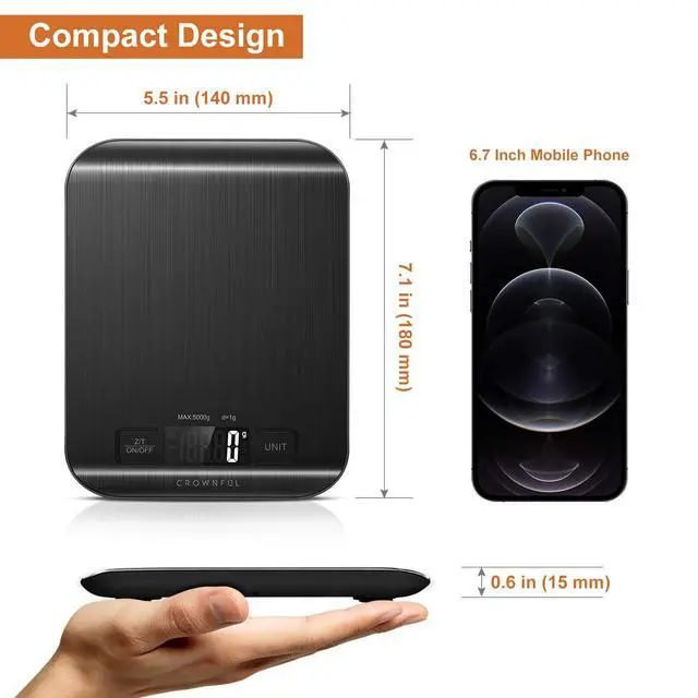 Alt view image 6 of 7 - CROWNFUL Food Scale, 11 lb Digital Kitchen Scales with Built-in Coin Battery, Weight Ounces and Grams for Cooking and Baking, 6 Units with Tare Function, LCD Display, 304 Stainless Steel, Black