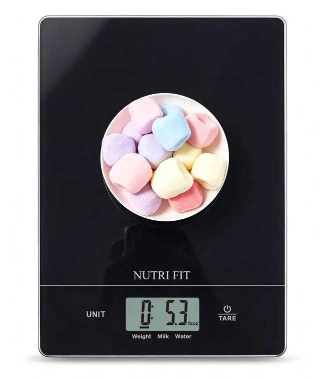 Main image of NUTRI FIT Digital Food Scale Kitchen Scales Grams & Ounces for Weight Loss | Tempered Glass Panel, Ultra-Thin Size, 1g Increment, Max 11lbs, Smart Tare, Hang to Wall, Baking Cooking, 1CR2032 Battery