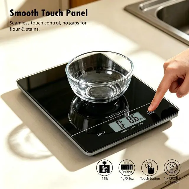 Alt view image 2 of 7 - NUTRI FIT Digital Food Scale Kitchen Scales Grams & Ounces for Weight Loss | Tempered Glass Panel, Ultra-Thin Size, 1g Increment, Max 11lbs, Smart Tare, Hang to Wall, Baking Cooking, 1CR2032 Battery