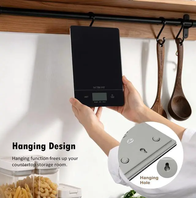 Alt view image 6 of 7 - NUTRI FIT Digital Food Scale Kitchen Scales Grams & Ounces for Weight Loss | Tempered Glass Panel, Ultra-Thin Size, 1g Increment, Max 11lbs, Smart Tare, Hang to Wall, Baking Cooking, 1CR2032 Battery