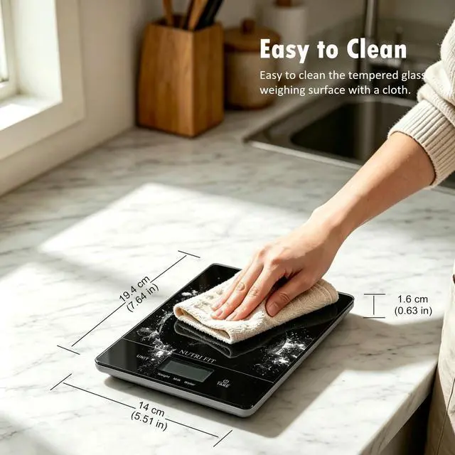 Alt view image 7 of 7 - NUTRI FIT Digital Food Scale Kitchen Scales Grams & Ounces for Weight Loss | Tempered Glass Panel, Ultra-Thin Size, 1g Increment, Max 11lbs, Smart Tare, Hang to Wall, Baking Cooking, 1CR2032 Battery