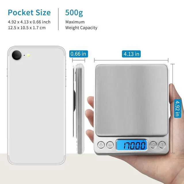 Alt view image 5 of 6 - Digital Scale Kitchen 500g 0.01g Food Scale High Precision Kitchen Scale Multifunctional Stainless Steel Pocket Scale with Back-Lit LCD Display Tare PCS Features, 9 Weighing Units Switch