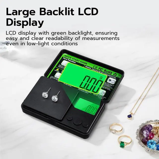 Alt view image 3 of 7 - Wigearss 0.01g/500g Digital Milligram Scale, Pocket Micro Scale with Tare Weight Function,Calibration Weight Backlit LCD Display, Mini Precision Scale for Weighing Powder, Gold, Jewelry, Mini Food