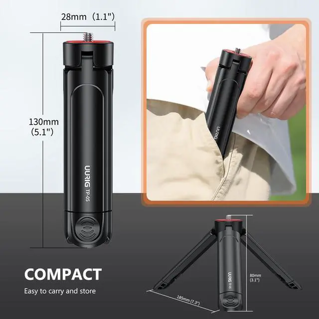 Alt view image 3 of 7 - VRIG TP-05 Extendable Mini Tripod with 1/4" Screw, Mini Camera Tripod | Desktop/Tabletop Small Tripod for Camera, Gimbal, Handle Grip Stabilizer, DJI Pocket 3, 4, Xtra Muse, Insta360 Luna Series