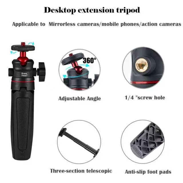 Alt view image 3 of 6 - 1/4" Screw Mount Mini Tripod Selfie Stick, Portable Tabletop Stand for Phones & Most Cameras, Lightweight Handheld Support for Video Filming