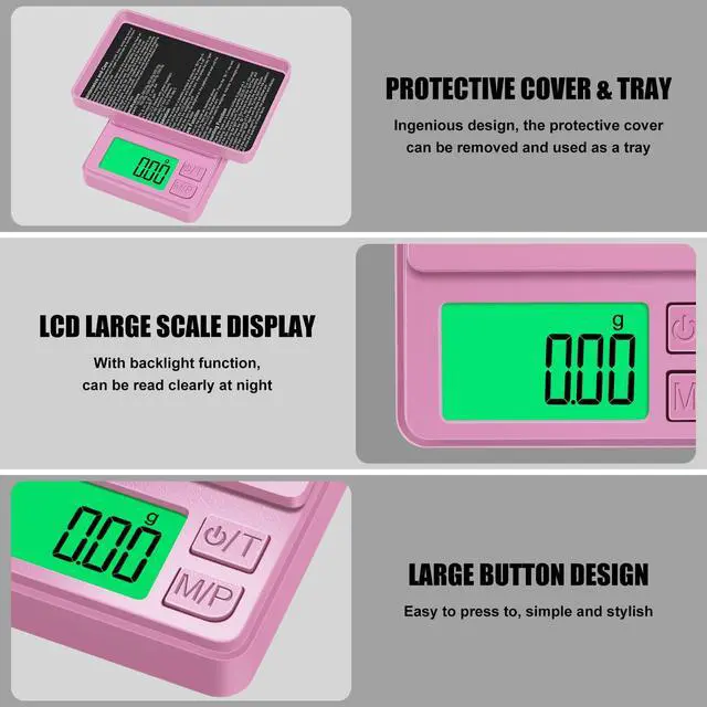 Alt view image 3 of 7 - Diyife 1000g Digital Pocket Gram Scale 0.01g Accuracy, Mini Jewelry Scale | with Protective Cover, 7 Units, Tare Function, LCD Display, Suit for Jewelry, Powder, Pink