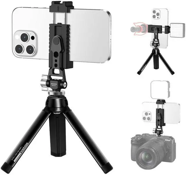 Main image of Aluminum Tripod Stand Mount Universal Smartphone Adapter with Cold Shoe Mount,360°Adjustable Cellphone Clamp Tripod Stand Holder,Compatible for iPhone,Samsung Galaxy and Cameras.