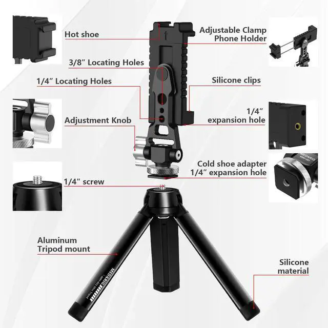 Alt view image 2 of 7 - Aluminum Tripod Stand Mount Universal Smartphone Adapter with Cold Shoe Mount,360°Adjustable Cellphone Clamp Tripod Stand Holder,Compatible for iPhone,Samsung Galaxy and Cameras.