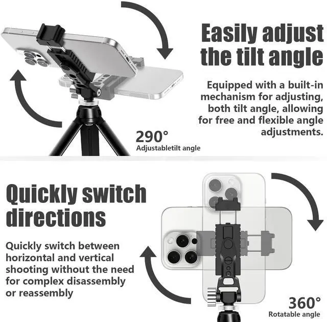 Alt view image 5 of 7 - Aluminum Tripod Stand Mount Universal Smartphone Adapter with Cold Shoe Mount,360°Adjustable Cellphone Clamp Tripod Stand Holder,Compatible for iPhone,Samsung Galaxy and Cameras.