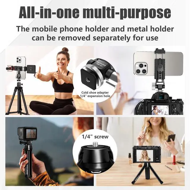 Alt view image 6 of 7 - Aluminum Tripod Stand Mount Universal Smartphone Adapter with Cold Shoe Mount,360°Adjustable Cellphone Clamp Tripod Stand Holder,Compatible for iPhone,Samsung Galaxy and Cameras.