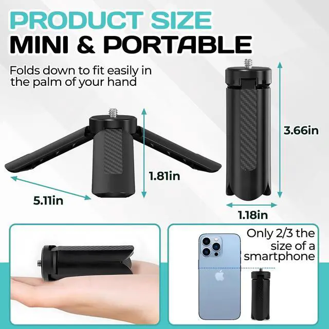 Alt view image 2 of 7 - Mini Tripod for DJI OSMO Pocket 3/2,Portable Stand Mount for Insta360 X5 X3 X4,Black 1/4" Screw Lightweight Selfie Stick for Vlog Cameras Desktop Projectors