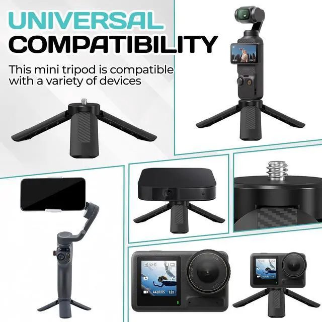 Alt view image 7 of 7 - Mini Tripod for DJI OSMO Pocket 3/2,Portable Stand Mount for Insta360 X5 X3 X4,Black 1/4" Screw Lightweight Selfie Stick for Vlog Cameras Desktop Projectors
