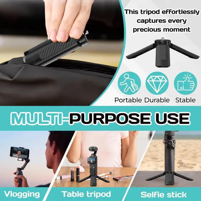 Alt view image 6 of 7 - Mini Tripod for DJI OSMO Pocket 3/2,Portable Stand Mount for Insta360 X5 X3 X4,Black 1/4" Screw Lightweight Selfie Stick for Vlog Cameras Desktop Projectors