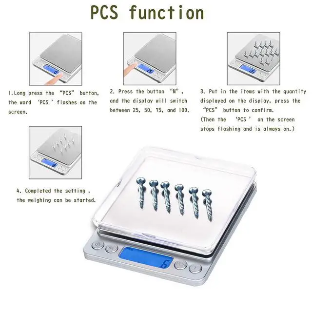 Alt view image 3 of 7 - Small Digital Scale,3kg/0.1g,6.6lb,Kitchen Scale,Food Scale,with Blue Backlit LCD Display, 6 Units, Auto Off, Tare, PCS Function, Stainless Steel, Battery Included