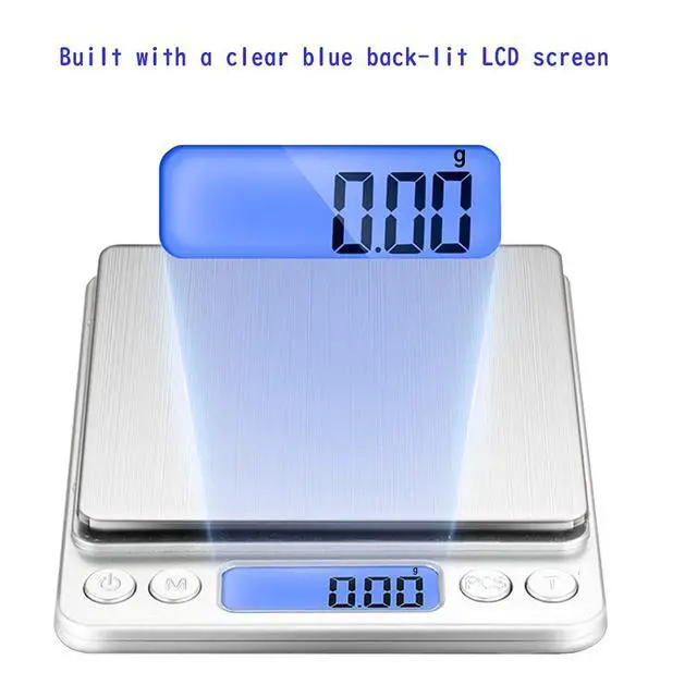 Alt view image 2 of 7 - Small Digital Scale,3kg/0.1g,6.6lb,Kitchen Scale,Food Scale,with Blue Backlit LCD Display, 6 Units, Auto Off, Tare, PCS Function, Stainless Steel, Battery Included