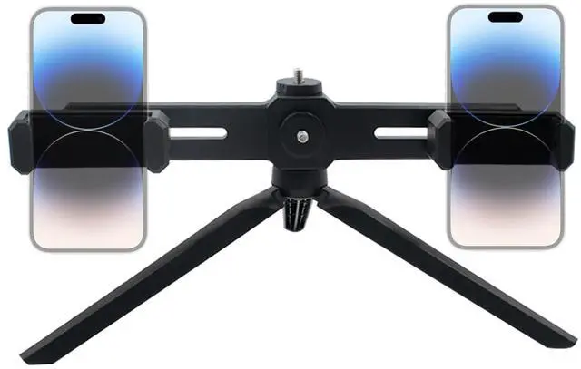 Main image of Dual Phone Holder with Desk Tripod, Black Adjustable Universal Smartphone Stand for Video Recording Vlog Live Streaming Oline Video Teaching Meeting (Remote Not Included)