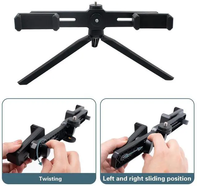 Alt view image 2 of 6 - Dual Phone Holder with Desk Tripod, Black Adjustable Universal Smartphone Stand for Video Recording Vlog Live Streaming Oline Video Teaching Meeting (Remote Not Included)