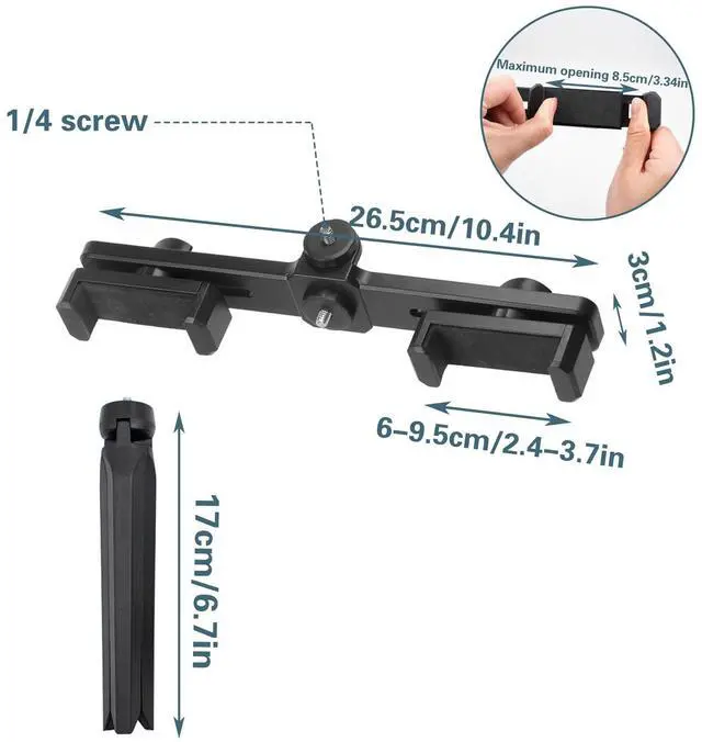 Alt view image 3 of 6 - Dual Phone Holder with Desk Tripod, Black Adjustable Universal Smartphone Stand for Video Recording Vlog Live Streaming Oline Video Teaching Meeting (Remote Not Included)