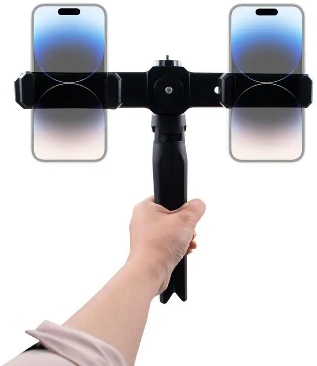 Alt view image 4 of 6 - Dual Phone Holder with Desk Tripod, Black Adjustable Universal Smartphone Stand for Video Recording Vlog Live Streaming Oline Video Teaching Meeting (Remote Not Included)