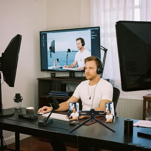 Alt view image 6 of 6 - Dual Phone Holder with Desk Tripod, Black Adjustable Universal Smartphone Stand for Video Recording Vlog Live Streaming Oline Video Teaching Meeting (Remote Not Included)