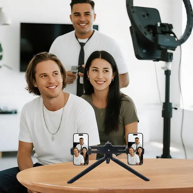 Alt view image 5 of 6 - Dual Phone Holder with Desk Tripod, Black Adjustable Universal Smartphone Stand for Video Recording Vlog Live Streaming Oline Video Teaching Meeting (Remote Not Included)