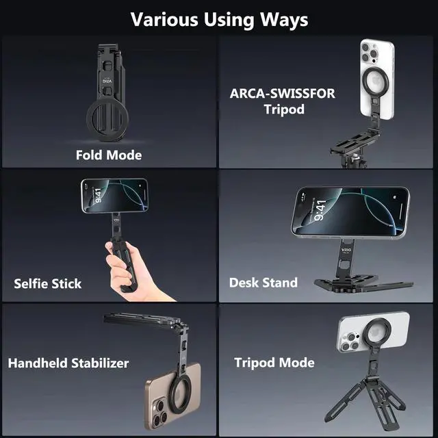 Alt view image 3 of 7 - VRIG MG-21 Foldable Mini Tripod for iPhone MagSafe, Magnetic Phone Stand | 1/4'' Thread,Cold Shoe Mount & Arca-swiss, Aluminium Alloy Phone Tripod for Desk/Handheld,for iPhone 17 16 15 14 13 12 Series