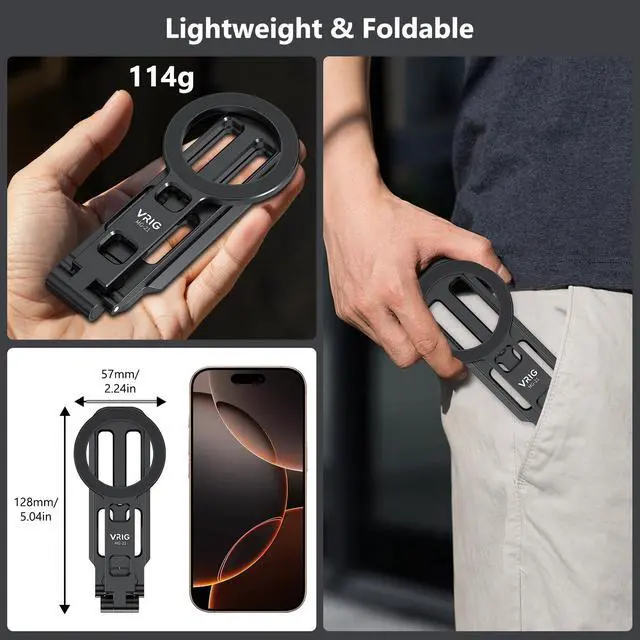 Alt view image 4 of 7 - VRIG MG-21 Foldable Mini Tripod for iPhone MagSafe, Magnetic Phone Stand | 1/4'' Thread,Cold Shoe Mount & Arca-swiss, Aluminium Alloy Phone Tripod for Desk/Handheld,for iPhone 17 16 15 14 13 12 Series