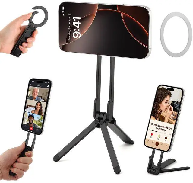 Main image of Foldable Magnetic Phone Tripod for Smartphone, Aluminum Alloy | 360° Adjustable, Travel Essential Adjustable Smartphone Stand for Desk/Handheld Compatible with iPhone 17/16/15/14/13/12