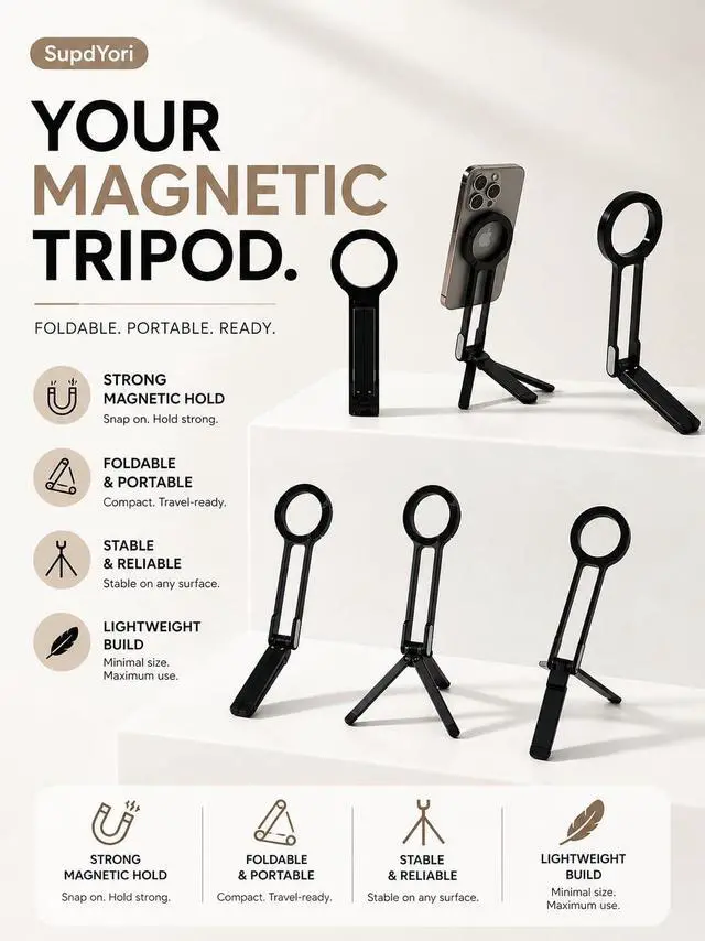 Alt view image 6 of 6 - SupdYori Mini Pocket Magnetic Phone Tripod Aluminium Foldable Stand with Strong Magnet, Maglock Smartphone Tripod Compatible with iPhone 17 16 15 14 13 12 Series, Black