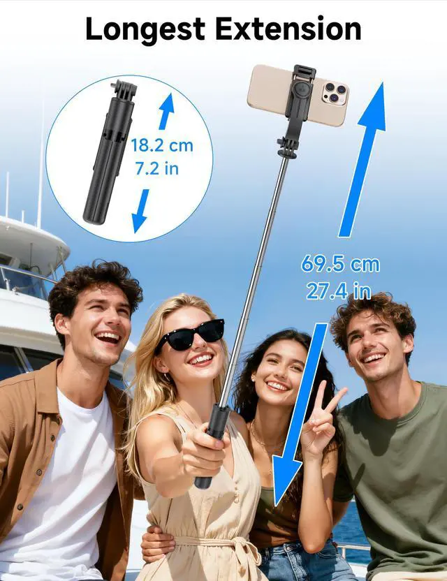 Alt view image 3 of 7 - Mini Selfie Stick Travel Tripod for Cell Phone with Light, Extendable Selfie Stick for iPhone with Detachable Remote, iPhone Tripod for Video Recording, Photograph, Compatible with Cellphones