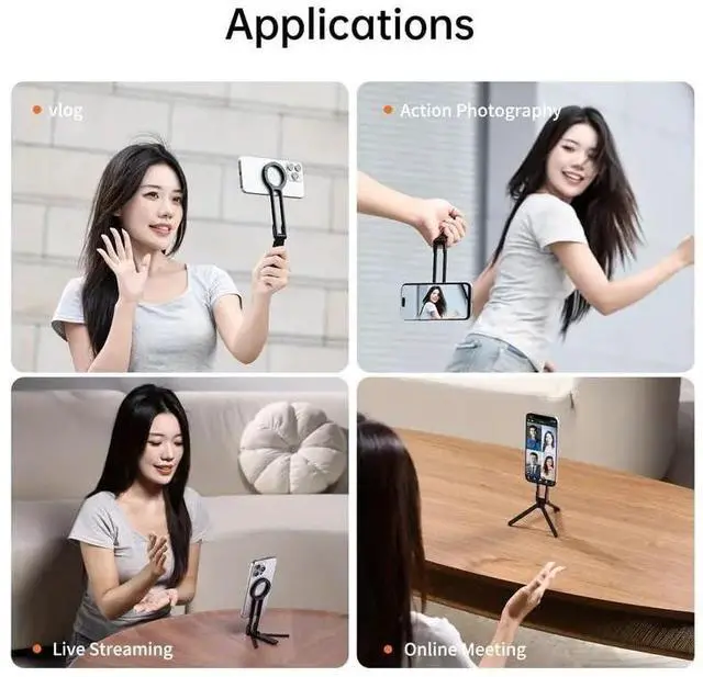 Alt view image 3 of 5 - Universal Magnetic Phone Tripod, 360° Rotatable Multi-Angle Stand with Spring Buckle Clip, Compact Travel Vlog Selfie Stick for iPhone/Android/Samsung - Black