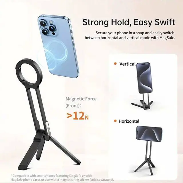 Alt view image 4 of 5 - Universal Magnetic Phone Tripod, 360° Rotatable Multi-Angle Stand with Spring Buckle Clip, Compact Travel Vlog Selfie Stick for iPhone/Android/Samsung - Black