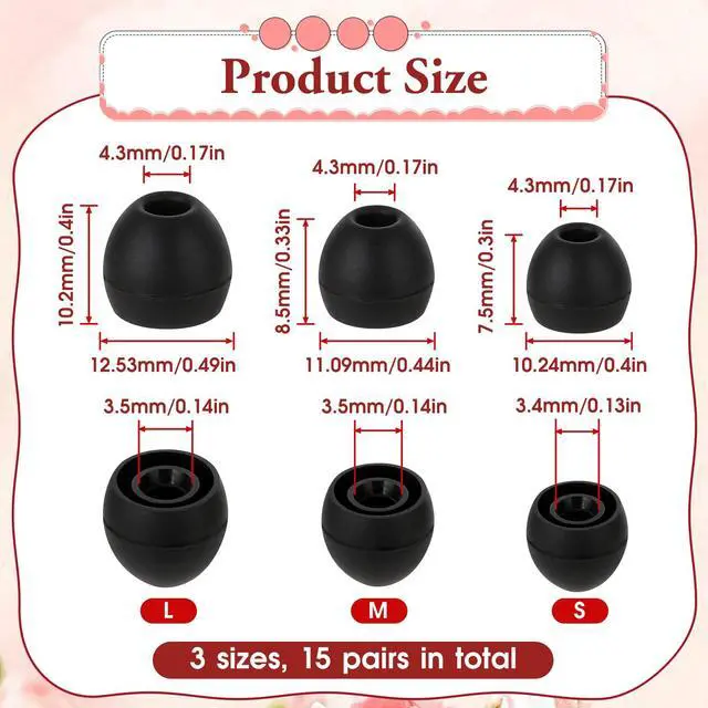 Alt view image 2 of 7 - Hariendny 15 Pairs Silicone Ear Bud Replacement Pieces Earbuds Ear Tips Replacement Ear Bud Covers S/M/L Sizes Ear Gels Soft Earphones Earbuds Black Ear Cushion Ear Bud Tips Replacement Kit
