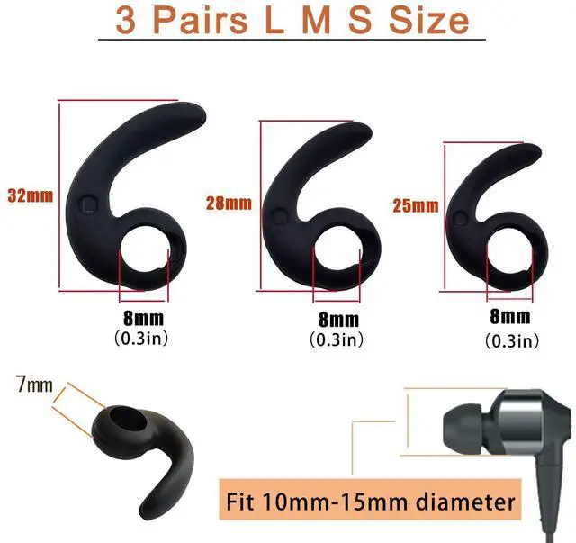 Alt view image 3 of 5 - Universal Ear Fins Earhooks, Silicone Earbuds Tips, Replacement Ear Tips | 3 Pairs Hooks & Replacement Ear Tips Each, Includes 2 Cord Clips Soft Anti-Slip Secure Fit Spare Earbud Accessories