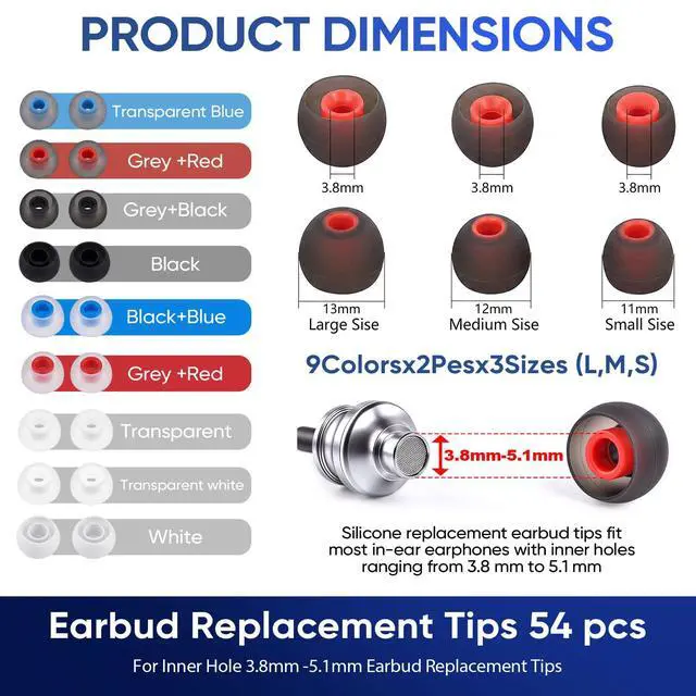 Alt view image 2 of 7 - 54Pcs Silicone Earbud Replacement Tips, S/M/L Ear Bud Tips, Rubber Earbud Covers Compatible with Most Earphones (Inner Hole 3.8mm-5.1mm)