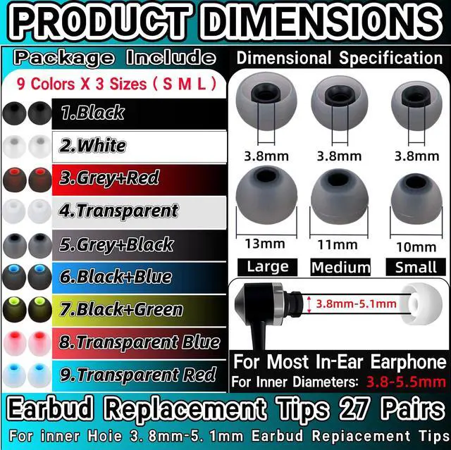 Alt view image 2 of 5 - Earbuds Replacement Tips 54Pcs Silicone Earbuds Cap Replacement Pieces Earbud Covers Headphone Earbuds Rubber Tips Fit Most in-Ear Earbuds (Inner Hole 3.8mm -5.1mm) 3 Sizes S/M/L,9 Colors