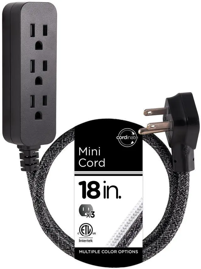 Main image of Cordinate Mini 3-Outlet Power Strip, 18 in Braided Extension Cord | Grounded Adapter, Low-Profile Flat Plug, ETL Listed, Black/Dark Heather, 47298