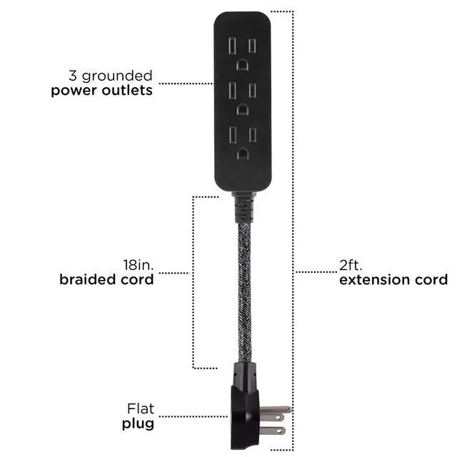 Alt view image 2 of 7 - Cordinate Mini 3-Outlet Power Strip, 18 in Braided Extension Cord | Grounded Adapter, Low-Profile Flat Plug, ETL Listed, Black/Dark Heather, 47298