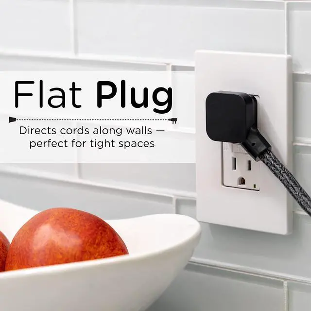 Alt view image 3 of 7 - Cordinate Mini 3-Outlet Power Strip, 18 in Braided Extension Cord | Grounded Adapter, Low-Profile Flat Plug, ETL Listed, Black/Dark Heather, 47298