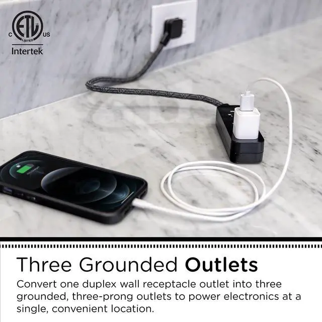 Alt view image 4 of 7 - Cordinate Mini 3-Outlet Power Strip, 18 in Braided Extension Cord | Grounded Adapter, Low-Profile Flat Plug, ETL Listed, Black/Dark Heather, 47298
