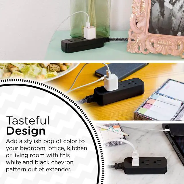 Alt view image 5 of 7 - Cordinate Mini 3-Outlet Power Strip, 18 in Braided Extension Cord | Grounded Adapter, Low-Profile Flat Plug, ETL Listed, Black/Dark Heather, 47298