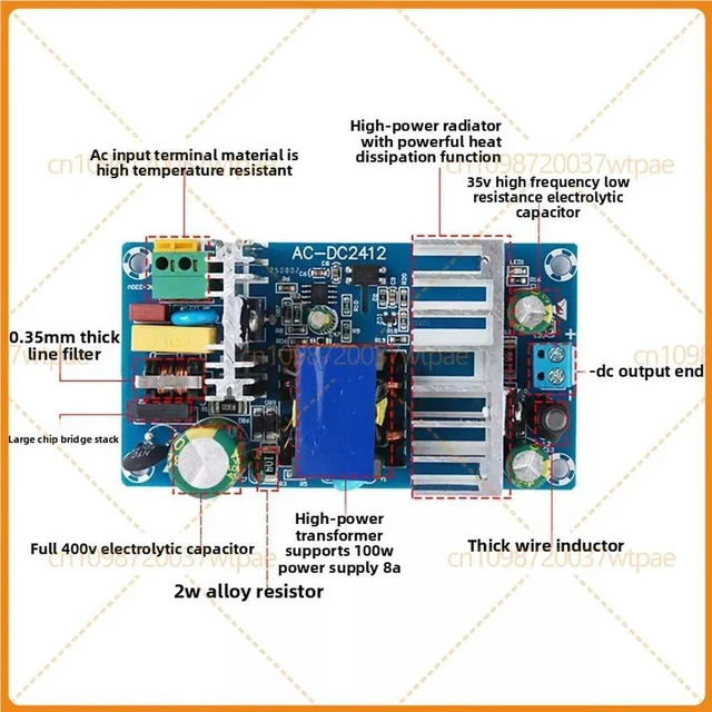 Alt view image 3 of 3 - For 220V AC To 12V DC Isolated Stabilized Switching Power Supply Module, 100W 8A High Efficiency AC-DC Voltage Converter Board