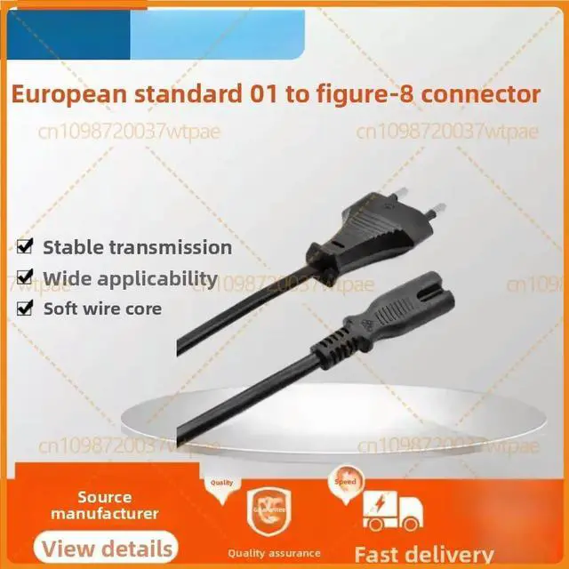 Main image of 2pcs For 2-Core EU Plug Power Cord Black Figure 8 Tail Euro Standard AC Power Cable