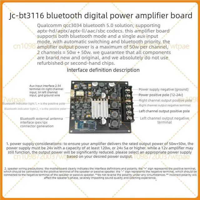 Alt view image 2 of 3 - For QCC3034 Bluetooth 5.0 Amplifier Board TPA3116 APTX-HD Audio Module